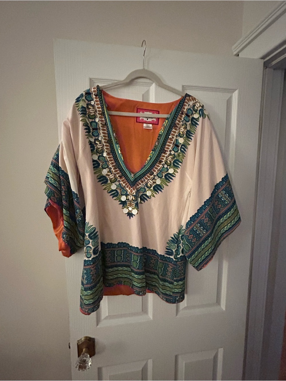 Embellished V-Neck Boho Top in Cream and Teal - Meghan LA